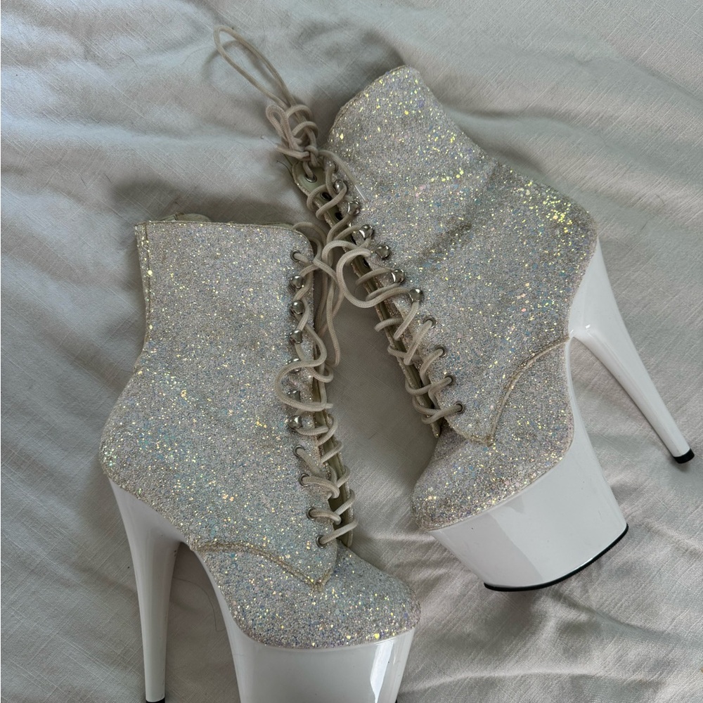 Pleaser White Silver Glitter Heels